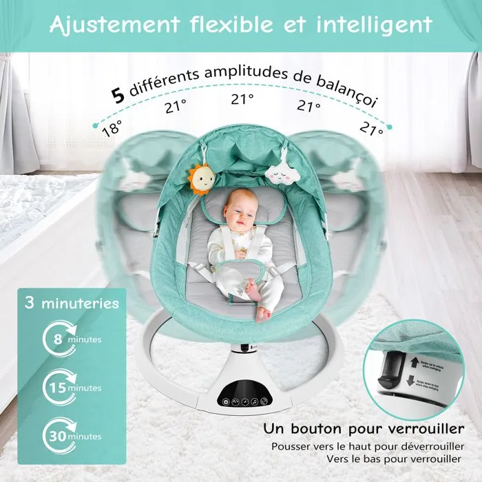 Transat Balancelle Électrique Bébé 0-12 mois jusqu'à 20KG, 5 Vitesses avec Coussin de Siège, Vert-1