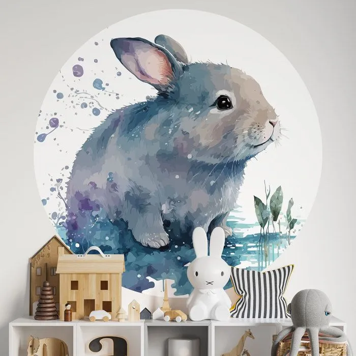Sticker mural rond - Enfants - Lapin - Adhésif BRILLANT - Diamètre 140 cm - Vinyle-0