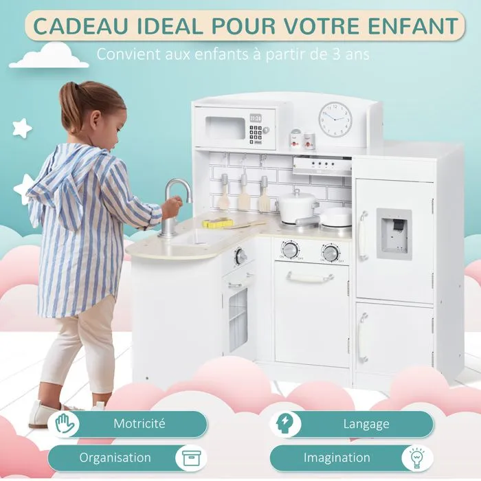 Cuisine bois jeu d'imitation - cuisine enfant - nombreux accessoires & rangements inclus - MDF pin blanc-4