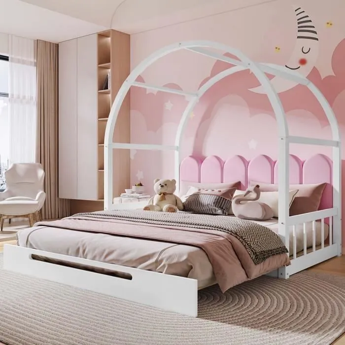 Lit enfant 140x100(200)cm, lit gigogne avec sommier à lattes, cadre en pin, tissu en velours, blanc + rose-1