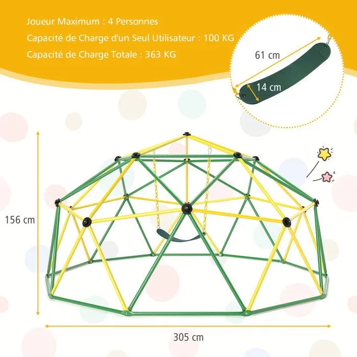 COSTWAY Dome Escalade Exterieur 305 CM avec Balancoire Charge 363 KG Structure en Metal pour Enfants de 3 - 12Ans Vert-1