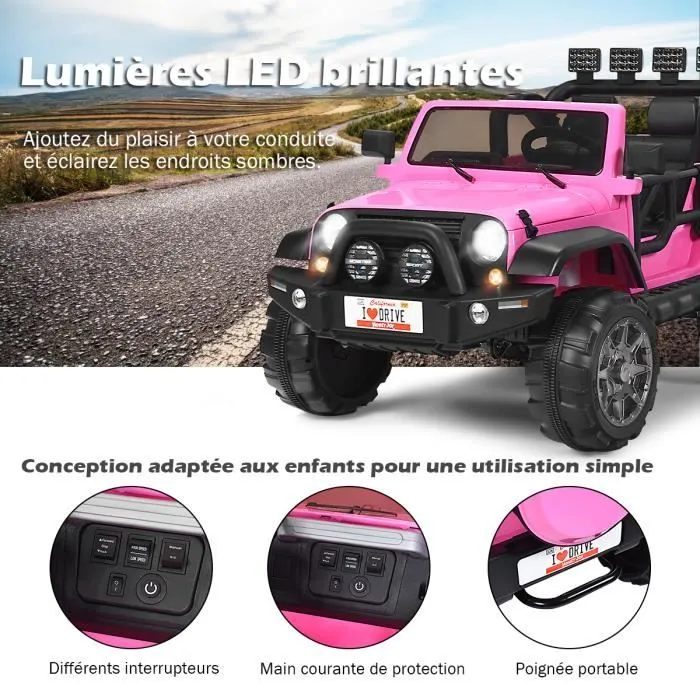 COSTWAY Voiture 4x4 Électrique 12V pour Enfants 3+ Ans, 2 Places, Télécommande 2.4G, Lumières LED et Musique, Rose-3