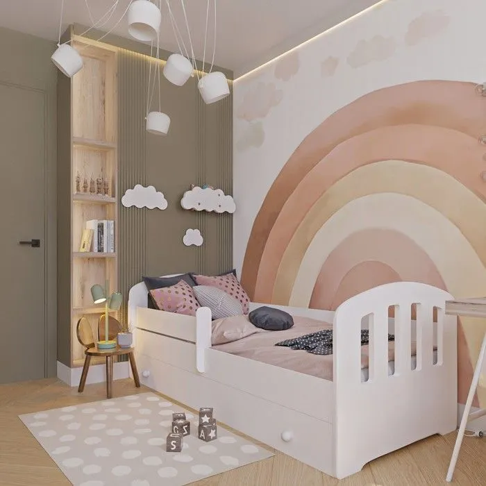 Lit enfant FELIX 80x160 avec matelas sommier et tiroir, barrière de sécurité Blanc-0