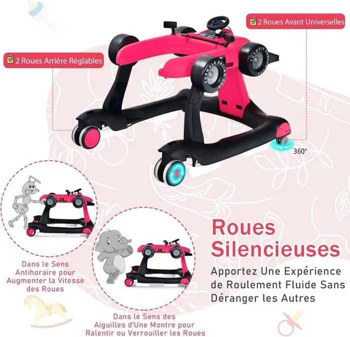 COSTWAY Trotteur Bébé Pliable Musical 4 en 1 Apparence de Voiture Pousseur Hauteur et Vitesse Réglables Lumière Volant Rose Rouge-3