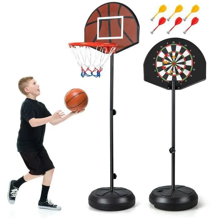 Panier de Basket-Ball sur Pied COSTWAY-2 en 1 Cible de Fléchettes-Hauteur Réglable 130-180cm-Panneau Double Face-Base Remplissable-0