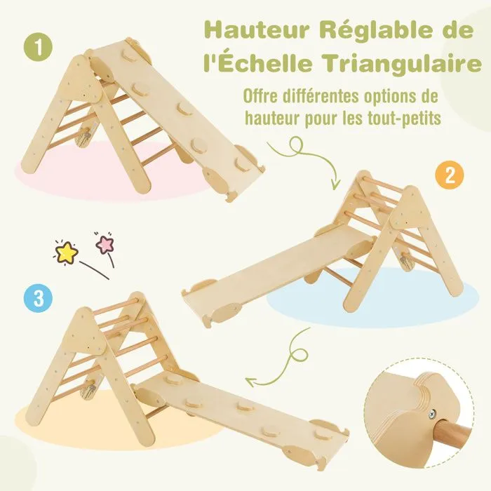 7 en 1 Triangle d'Escalade COSTWAY avec Toboggan/Arche/Rampe - Échelle Réglable, Charge 50KG, pour Bébé 1 Ans+ Naturel-3