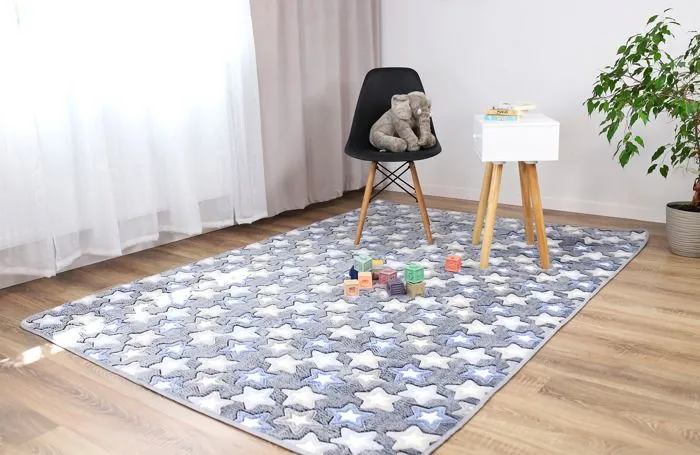 Tapis chambre d'enfant lumineux 120x160 cm - tapis enfant tapis de jeu fluo lavable Mélange d'étoiles grises-3