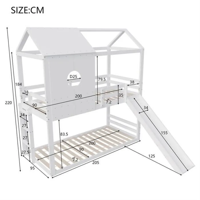Lit superposé 90x200cm, lit cabane enfant avec échelle et toboggan, antichute, Pin + MDF, blanc-3