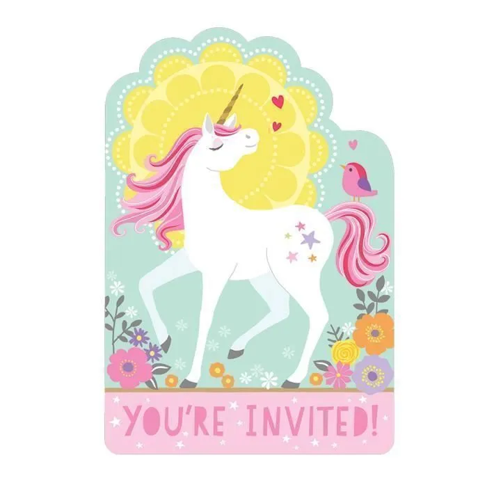 8 Invitations et enveloppes jolie licorne magique 15 x 10 cm-0