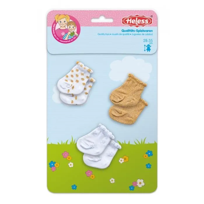 Chaussettes pour poupée Heless - Blanc/Or - Lot de 3 - Taille 28-35 cm-1