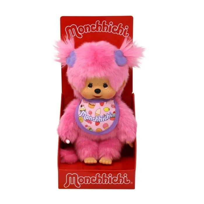 Peluche Monchhichi Frozen Fruit 20 cm - BANDAI - Fourrure rose - Bavoir gourmand - Cadeau enfant-1