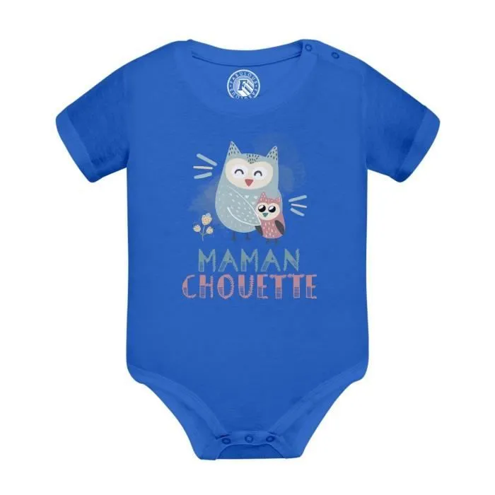 Body Bébé Manche Courte Bleu Maman Chouette et son Bébé Dessin Illustration-0