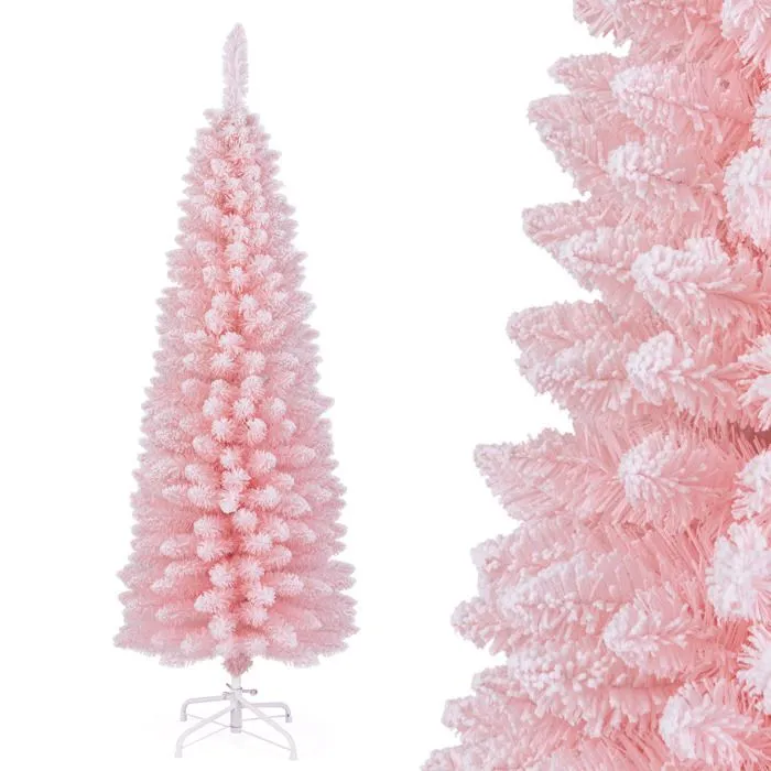 Sapin de Noël Artificiel Rose 150cm COSTWAY, Arbre de Noël Floqué de Neige, 328 Branches, Support en Métal Pliable, Forme de Crayon-0