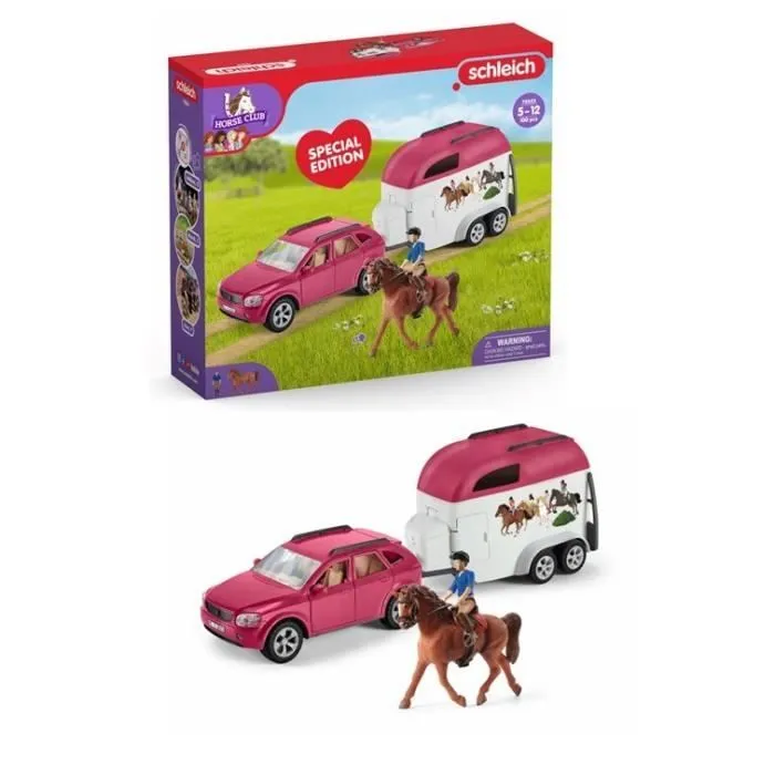 Voiture avec remorque pour chevaux, Coffret schleich avec 1 cheval schleich inclus, coffret figurines pour enfants de 5 ans,-0