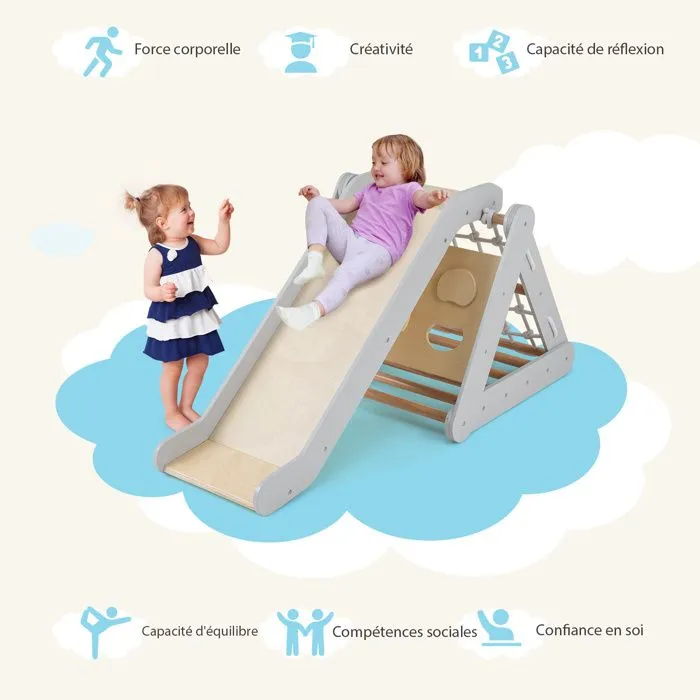 COSTWAY Station de Jeu avec Triangle d'Escalade,Toboggan en Bois et Filet, Résistant aux Intempéries, Charge 60 KG 1 Ans+ Gris-3