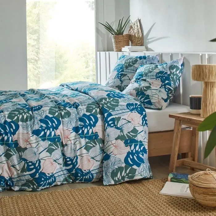 Housse de couette 220x240 cm - Herbs Emeraude - Coton - Bleu - Bouton Pression-0