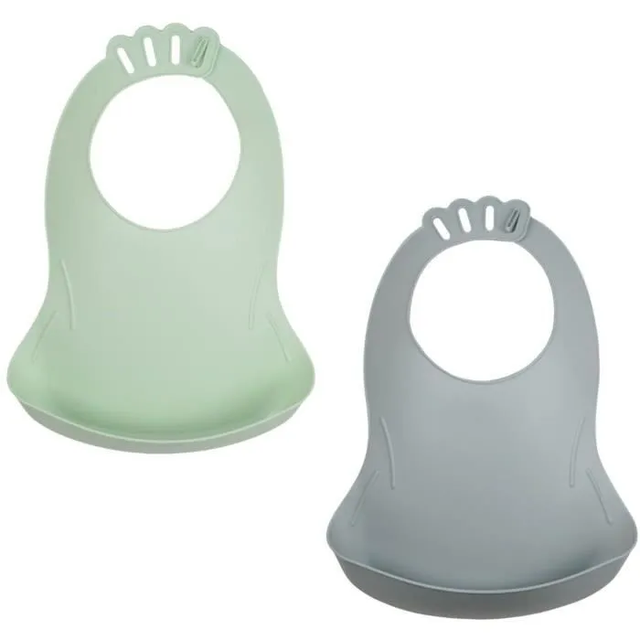 Lot de 2 bavoirs - THERMOBABY - BIBOU - Vert Céladon et Gris Charme - Ajustables et étanches-0