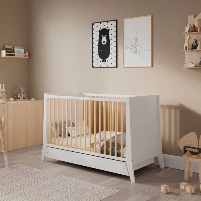 Lit bébé évolutif avec tiroir Timeo 60x120 cm (matelas non inclus) | Blanc & bois-2