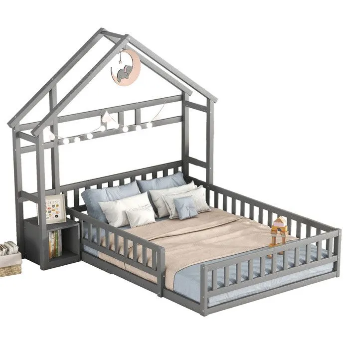 Lit enfant cabane 140x200cm avec une table de chevet et barrières de sécurité - sommier à lattes - Gris-1