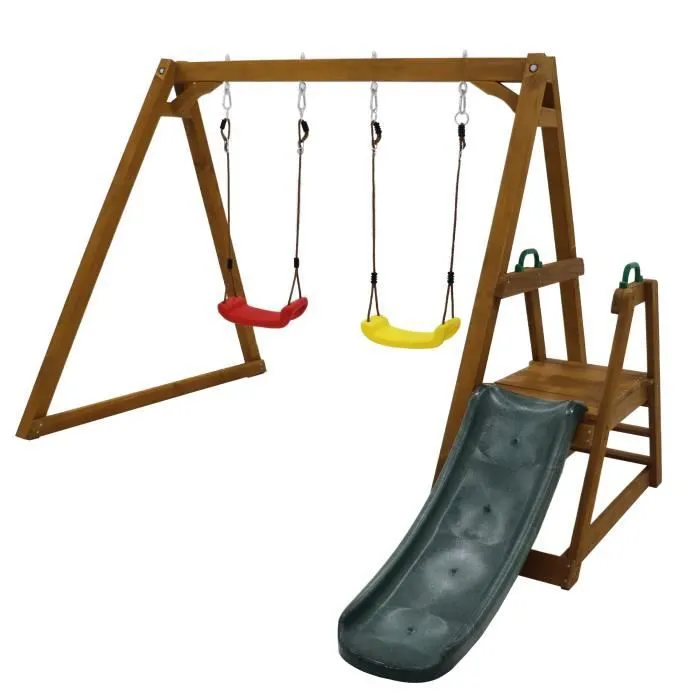 Portique balançoire en Bois - Structure En Bois De Pin - 2 Balançoires - Toboggan - 3 ans et plus - 50 kg-0