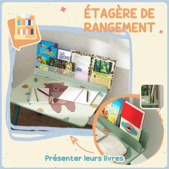Ensemble table et chaise enfant - AIYAPLAY - avec porte-livres - motifs d'ours - pour enfants 3-8 ans - pour chambre, salon - vert-5