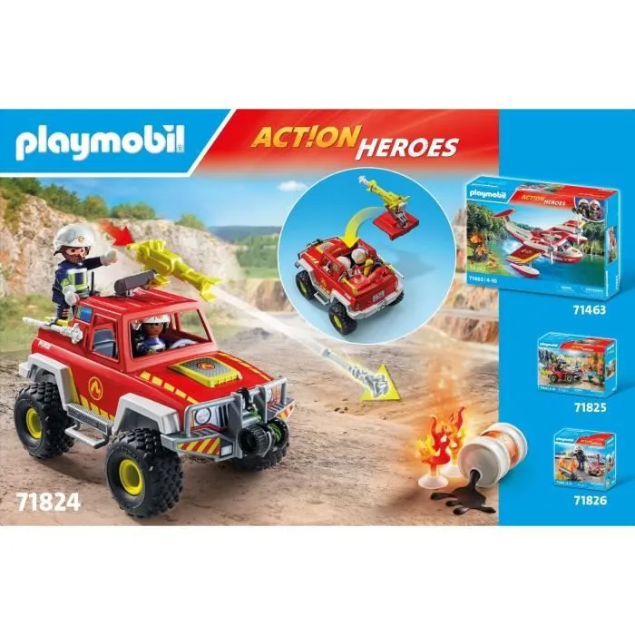 PLAYMOBIL 71824 Véhicule de pompiers avec bidon d'essence enflammé, Action Heroes, Les pompiers, 68 pièces, Dès 4 ans-5