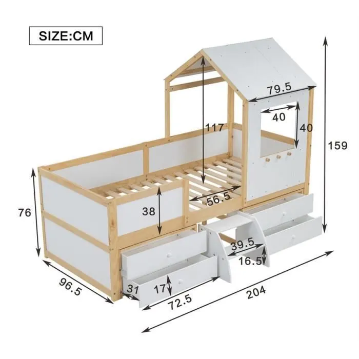 Lit cabane - Blanc + Naturel - 90x200cm - 4 tiroirs - Petit escalier - Bois massif-3