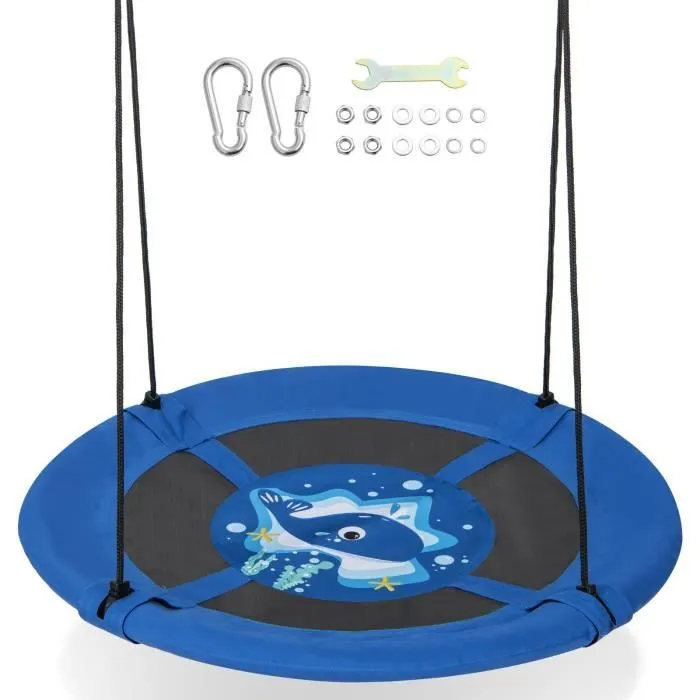 COSTWAY Balançoire Nid d’Oiseau Rond 102cm pour Arbre Enfants-Corde de Suspension Réglable-3 Modes de Fixation-Tissu Oxford-Baleines-0