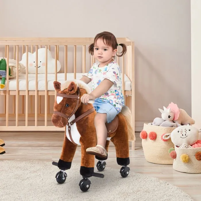 Cheval pour enfant - HOMCOM - +36 mois avec 4 roulettes - effet sonore, repose-pieds et guidon - Charge 60 kg 55x23x60 cm - Marron-1