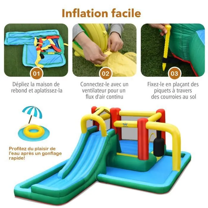 COSTWAY Château gonflable pour Enfants de 3-10 Ans avec Pataugeoire Toboggan Mur d’escalade Tunnel 470 x 370 x 190cm sans Gonfleur-3