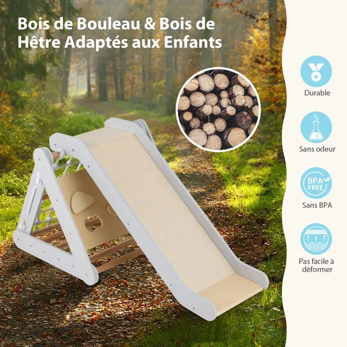 COSTWAY Station de Jeu avec Triangle d'Escalade,Toboggan en Bois et Filet, Résistant aux Intempéries, Charge 60 KG 1 Ans+ Gris-2