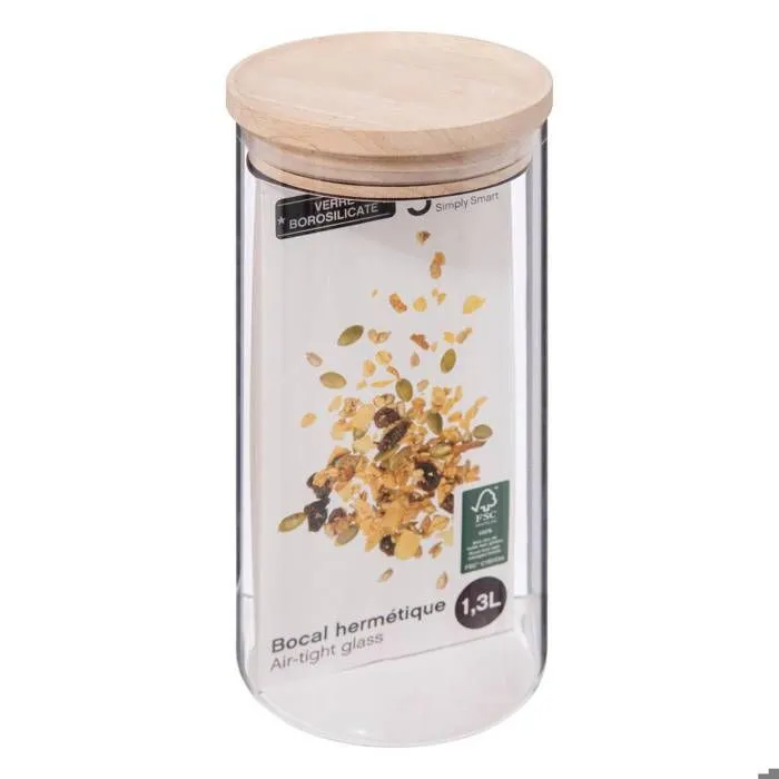 Bocal en verre - FIVE - Modèle Hermet - 1,3L - Couvercle en bois - Cylindrique-2