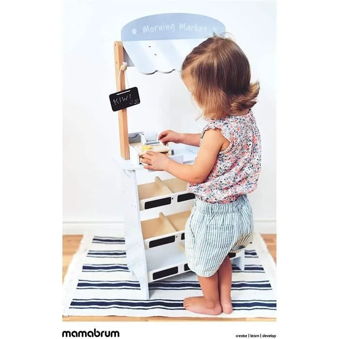 Mamabrum Marchande Enfant en Bois 48 *22,5 * 99 CM - Grand Stand Vendeur Caisse Enregistreuse, Monnaies, Terminal Paiement - Blanc-1