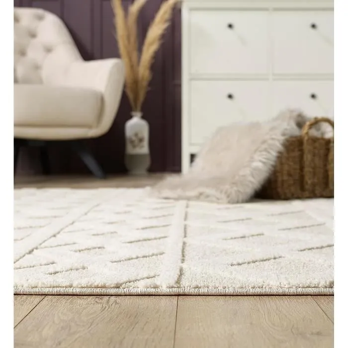Tapis de Salon ou chambre en creme 240X340 | avec effet 3D | Tapis poil ras moderne et doux | design scandinave - Everest-1