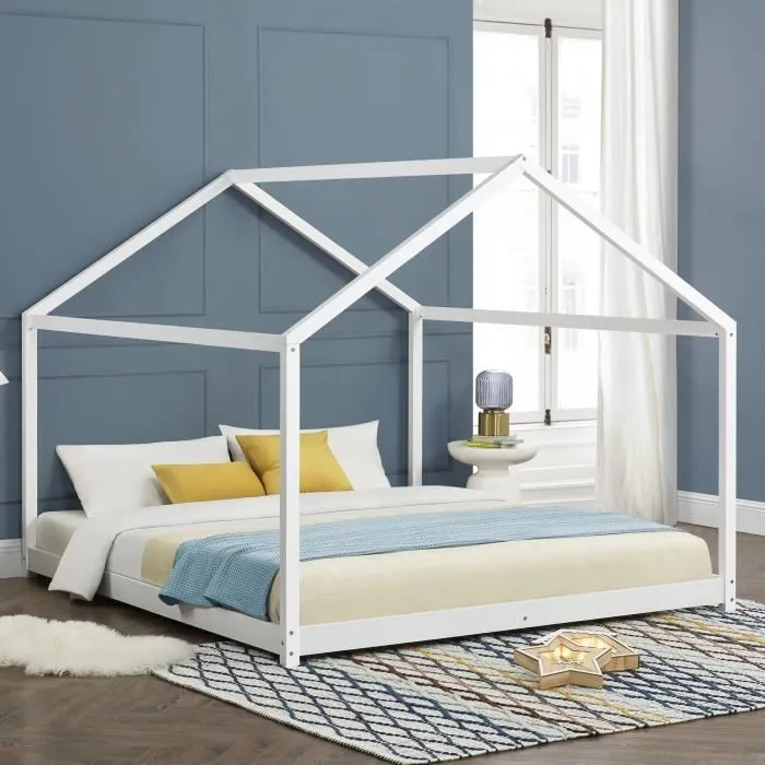 Lit cabane pour enfant Cerro avec sommier à lattes pin 160 x 200 cm blanc [en.casa]-0
