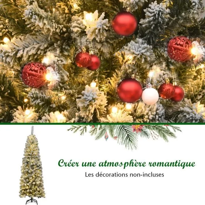 Sapin de Noël LED Artificiel 180CM COSTWAY-250 Lumières Blanc Chaud-Aiguilles PVC Floqué de Neige-Support Métallique-à Charnières-2