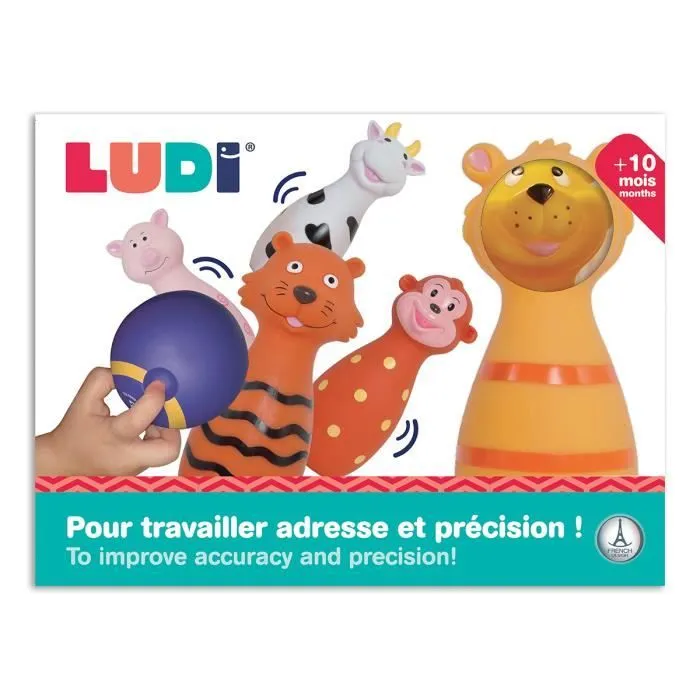 LUDI - Jeu de 5 quilles en forme d'animaux. Dès 10 mois. Plastique souple et résistant. Balle adaptée aux petites mains.-3