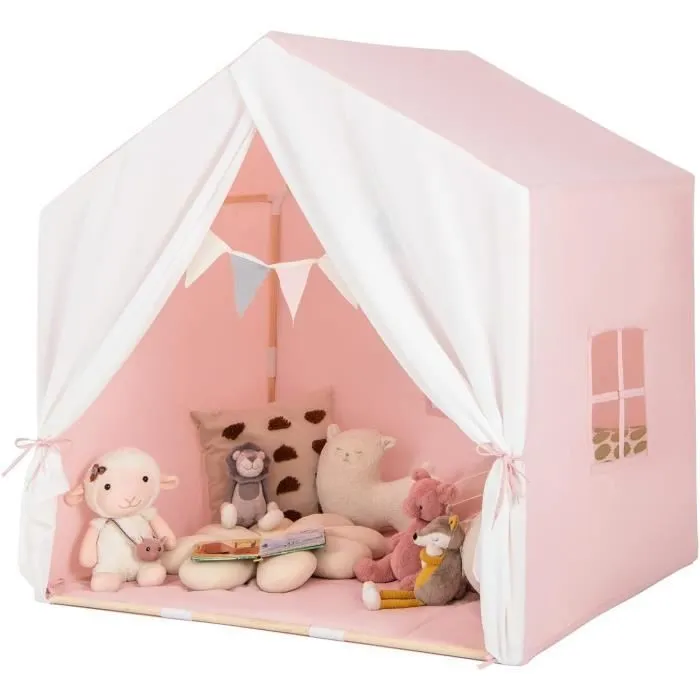 COSTWAY Tente de Jeu pour 3 - 4 Enfants 131 x 91 x 131 CM, Tapis Souple en Coton Intérieur-Extérieur, 3 Ans+ Rose-0