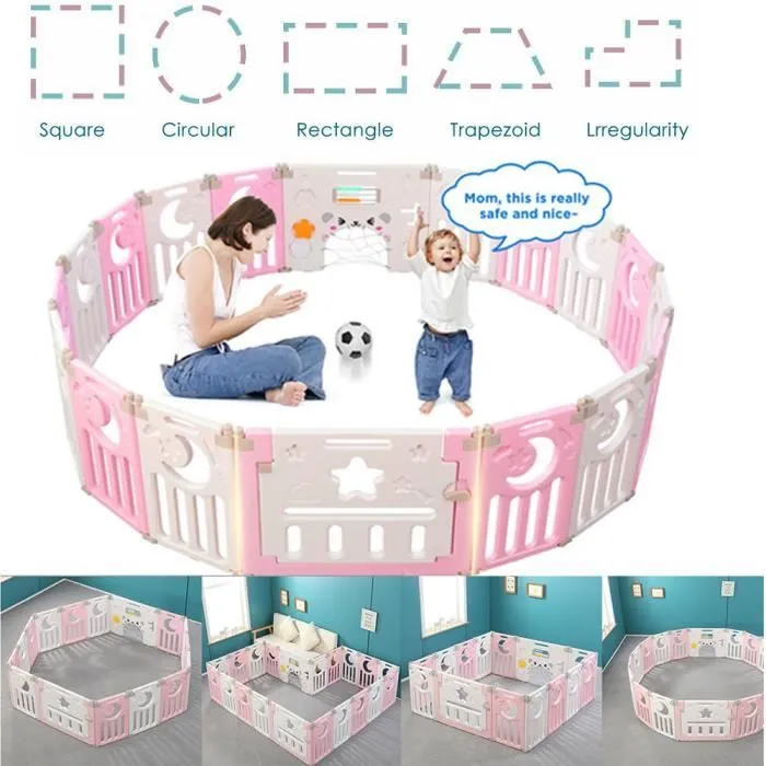 Parc Bébé Barrière Sécurité Plastique Pilable Enfant Protection 12 + 2 Panneaux d’Activité Porte Rose et Blanc-2