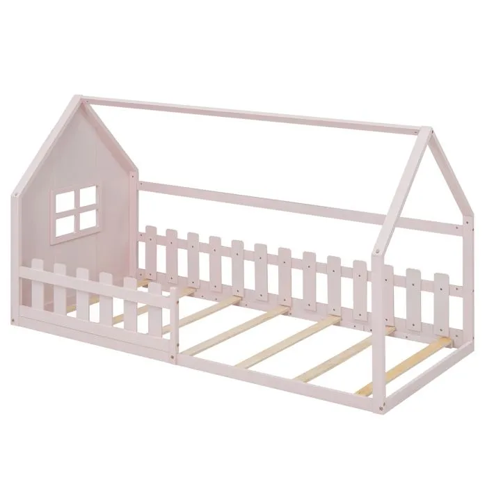 Lit cabane pour enfant 90x200 cm - en forme de maison - en bois de pin et MDF - Rose-3