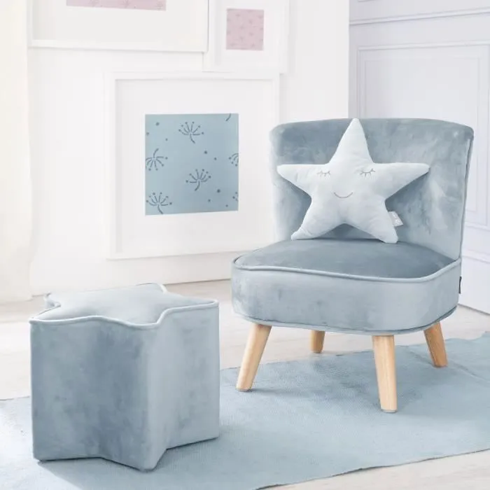ROBA Fauteuil et Pouf Enfant Lil Sofa + Coussin Décoratif Étoile - Ensemble en Velours - Bleu clair-1