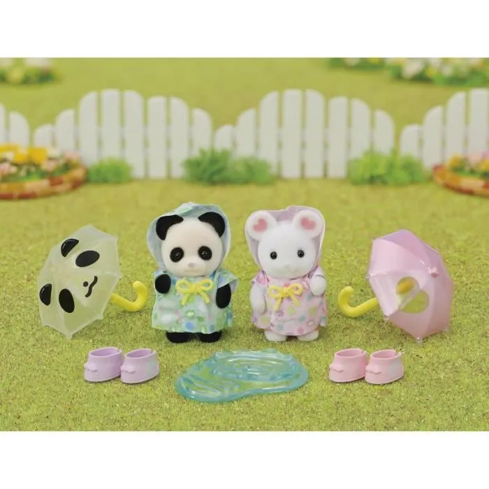 Figurines Articulées - SYLVANIAN FAMILIES - Duo Bébés en Habits de Pluie - Panda et Souris Marshmallow-7