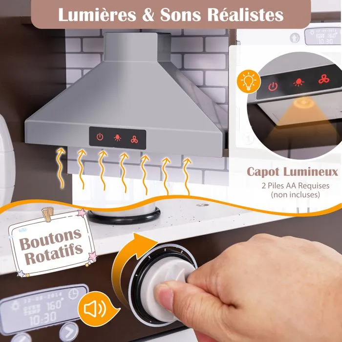 COSTWAY Cuisine d'Angle XXL pour Enfants de 3 Ans+ 8 Accessoires avec Téléphone , Machine à Glaçons, Micro-Ondes, Machine à Laver-2