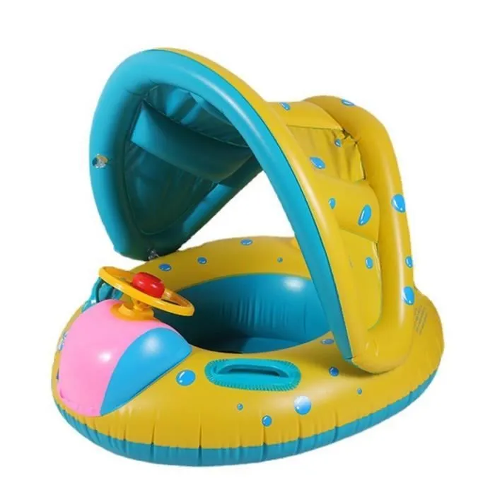 Inflatable Pool Seat Float with Cute Goggles and Adjustable Canopy - Summer Floating Swim Ring for Baby and Toddler (3-36 Months)