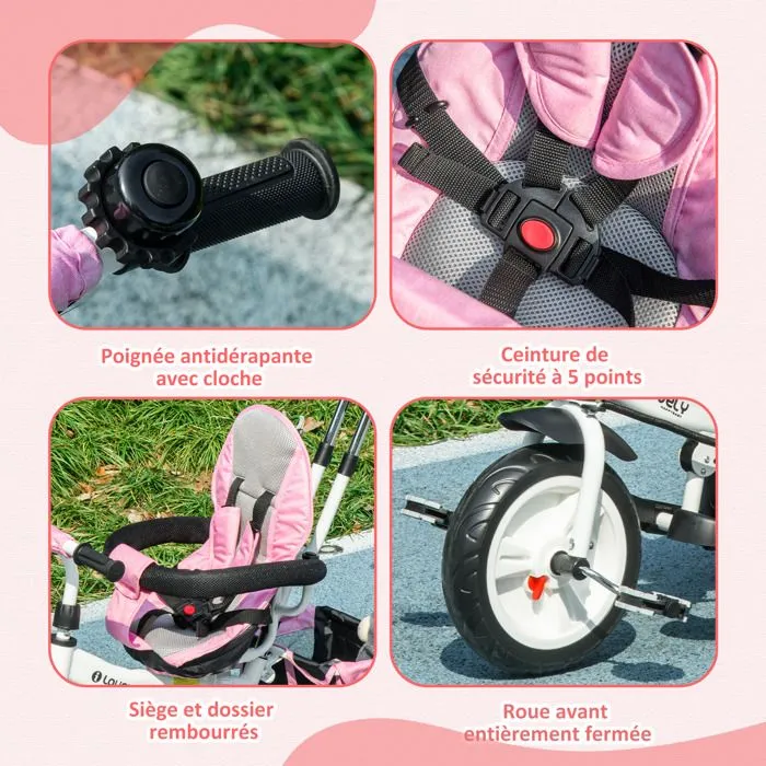 Tricycle Enfant HOMCOM évolutif Pare-Soleil Pliable Canne télescopique Amovible 95 x 50 x 106 cm Acier Rose-4