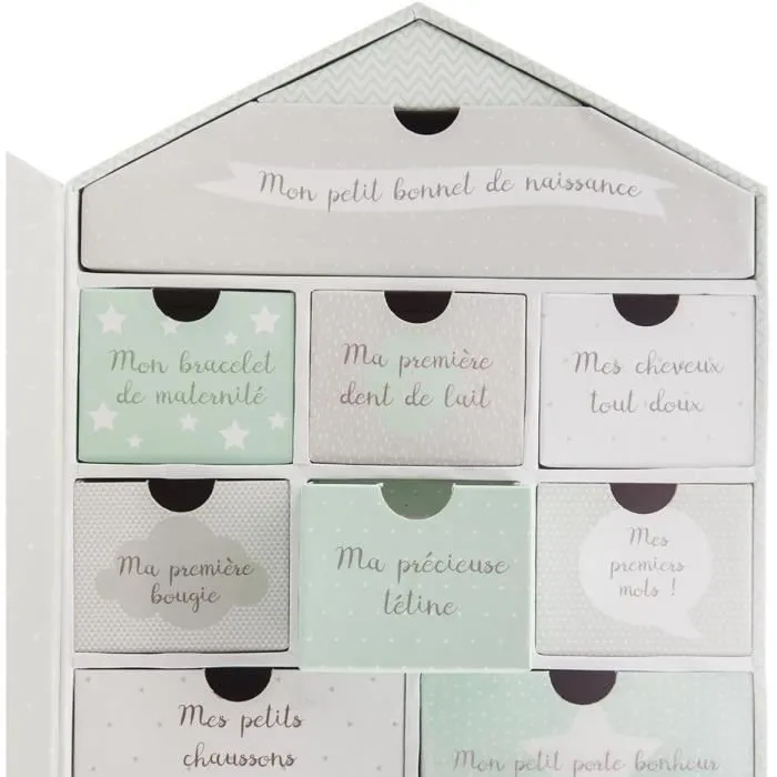 Coffret naissance forme maison 10 tiroirs - Boîte à souvenirs de bébé - Vert-2