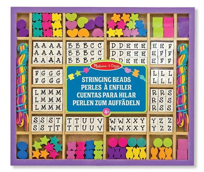 Jeu de perles en bois à enfiler - MELISSA & DOUG - Coffret 200 perles - Lettres et formes colorées-0