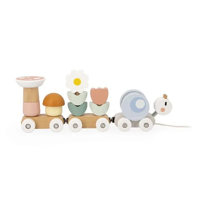 Jouet d'éveil - Janod - Petit train escargot à tirer - 10 pièces - Hochet amovible - Beige-0