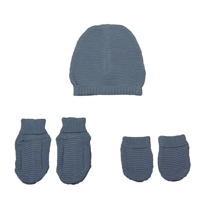 Set bonnet + chaussons + moufles 0-3 mois tricot Coton bio Bleu - Éveil et Nature-0