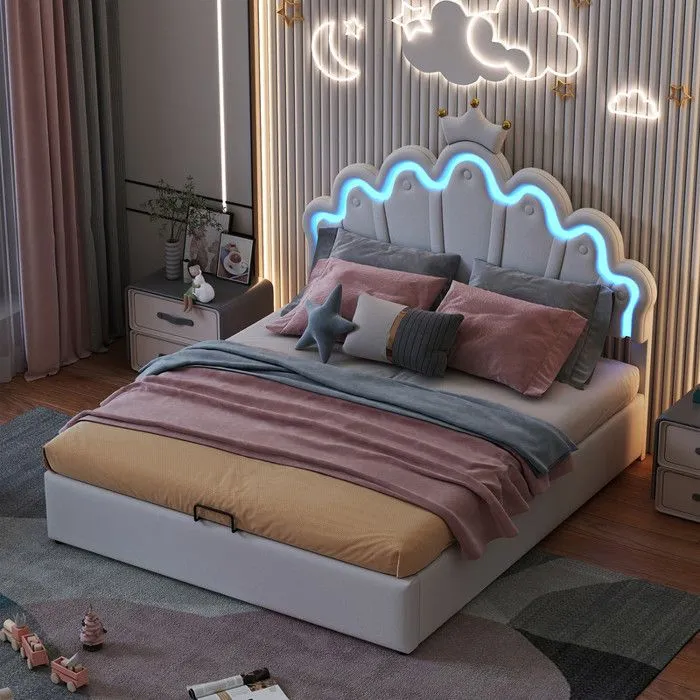 Lit coffre - Blanc - 140x200cm - Éclairage LED - Tête de lit en simili cuir - Design contemporain-2
